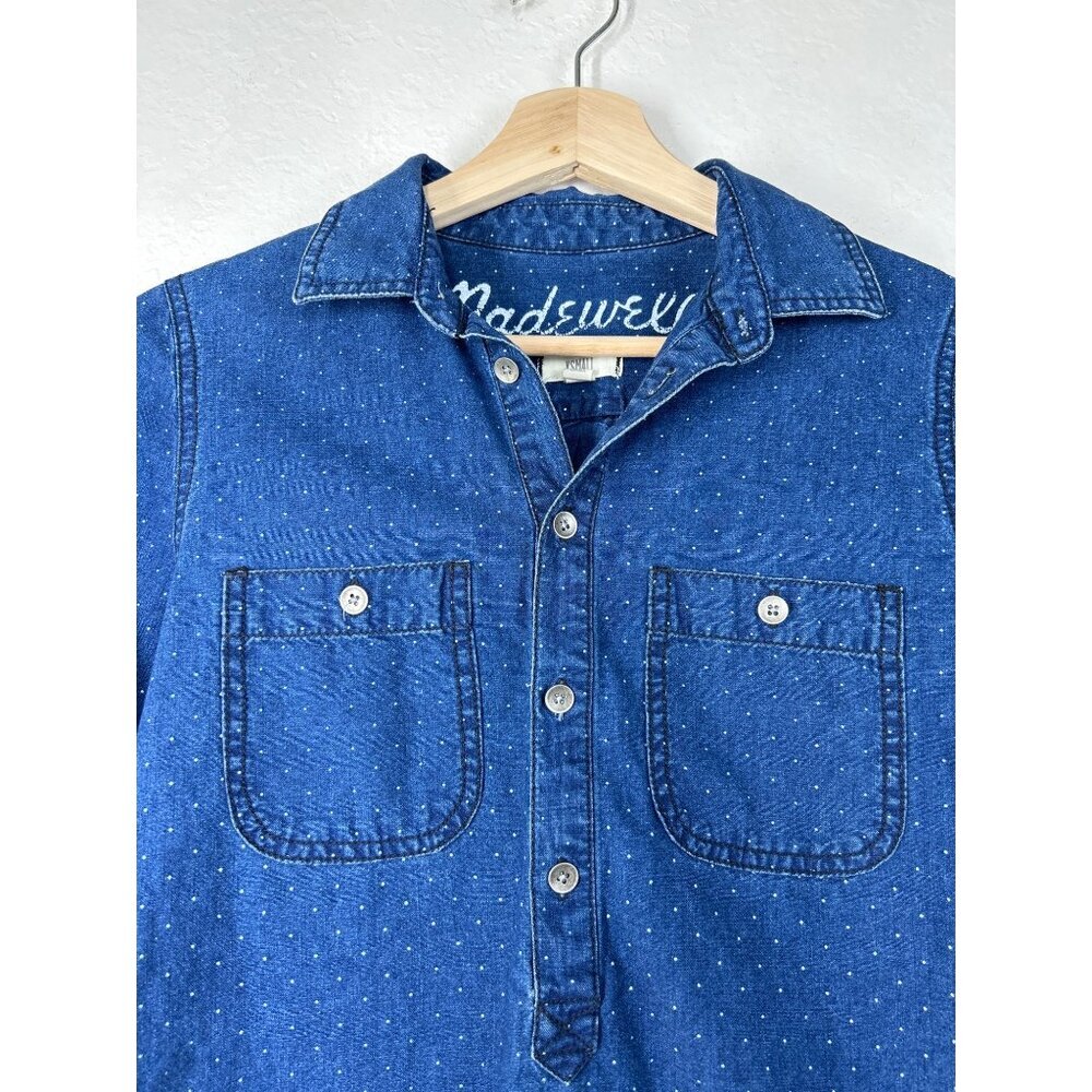 Madewell Navy Dotted Longsleeve Button Front Collared Shirt Size 2 - Picture 3 of 7